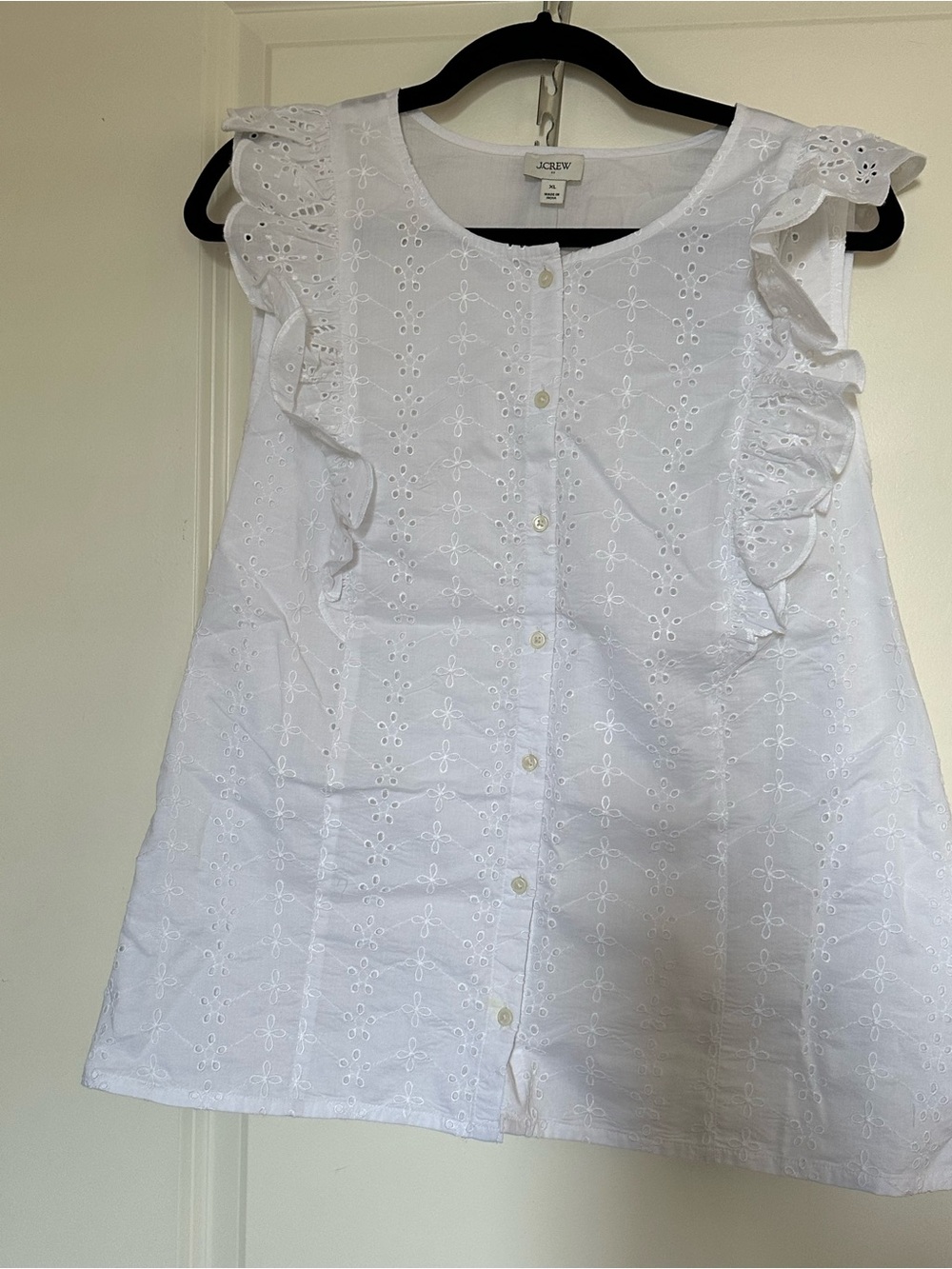 J. Crew 100% Cotton White Eyelet Ruffle Sleeveless Blouse